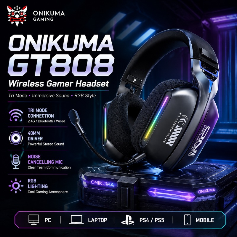 Esports Gaming Headphones - หูฟังเกมมิ่งไร้สาย ONIKUMA GT808 รองรับโหมดการเชื่อมต่อสามแบบ บลูทูธ 2.4GHz