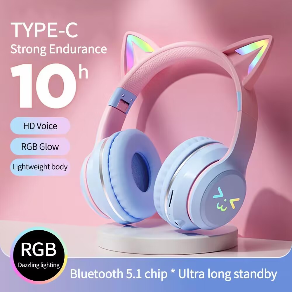 Esports Gaming Headphones - หูฟังเรืองแสง RGB หูฟังเอียบัดไร้สาย5.3หูแมวหูฟังบลูทูธเล่นกีฬาเครื่องเล่น Mp3บลูทูธไมโครโฟนเกมชุดหูฟัง