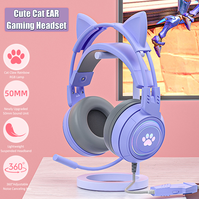 Esports Gaming Headphones - ชุดหูฟังสำหรับเด็กผู้หญิงสีชมพู, Headphone GAMING หูแมวน่ารักพร้อมไมค์ลดเสียงรบกวน RGB อุปกรณ์เสริมสำหรับ